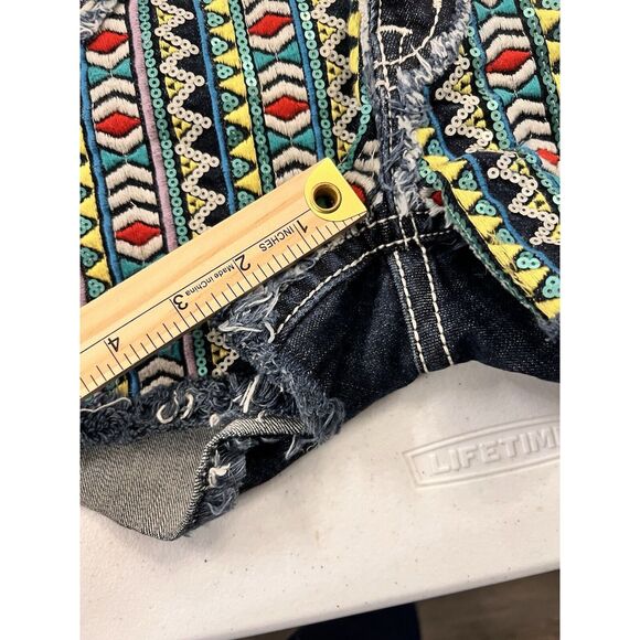 Miss Me Womens Denim Cut Off Shorts Aztec Embellished Sequin Embroidered Size 27 - Picture 7 of 9